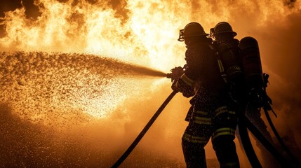 Fototapeta premium Two firefighters in silhouette battle a large blaze, spraying water from a hose.