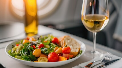 Healthy salad and wine served on an airplane tray table, showcasing delicious in-flight dining with fresh vegetables and white wine.