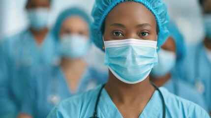 Healthcare professionals wearing surgical masks and scrubs, standing together in a hospital setting, emphasizing teamwork and dedication.