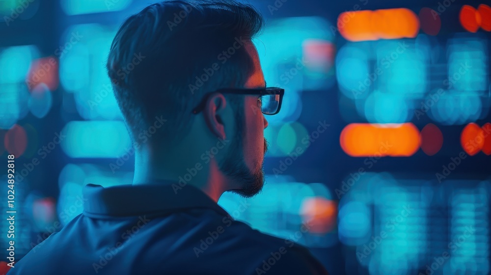Poster man in glasses analyzes data on multiple screens, illuminated by blue and red lights. the atmosphere