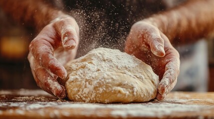 Fototapeta premium Close-up of hands kneading dough on a wooden surface, with flour dusting in the air, soft focused bread