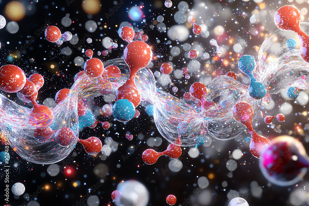 Poster abstract molecular network with colorful particles on a dark background.