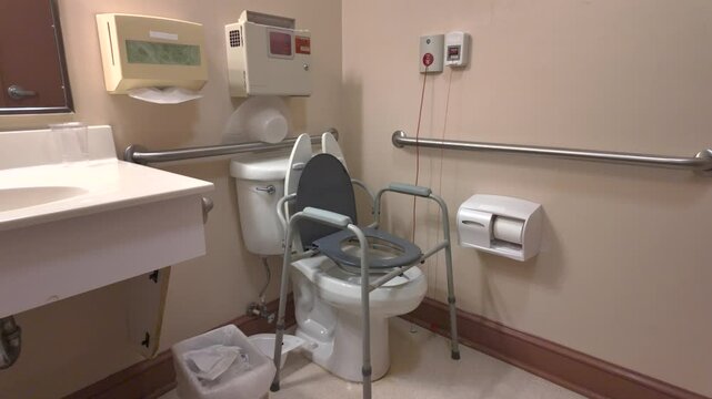 A bathroom with grab bars, a raised toilet seat, and an emergency pull cord, designed for accessibility and safety.