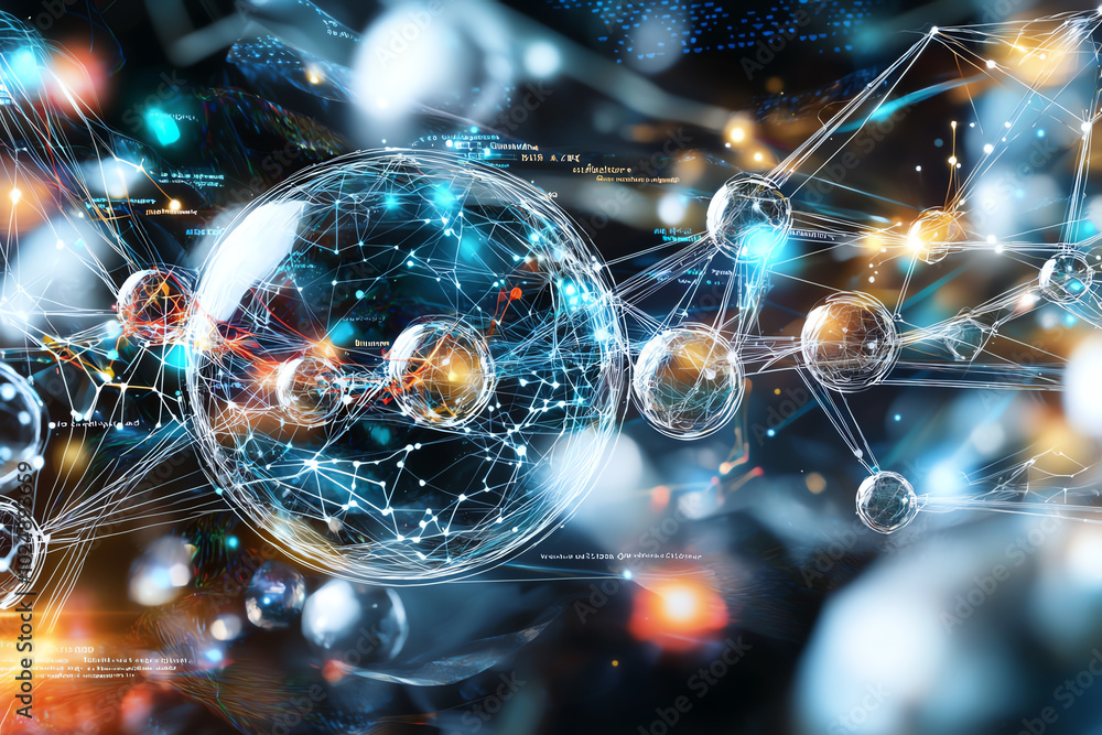 Poster abstract molecular structure with glowing spheres and connections in space.