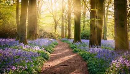 stunning bluebell woodland path with magical light