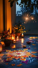 A family courtyard illuminated by colorful lanterns and diyas, with traditional rangoli designs on the floor and a backdrop of distant fireworks. Copy space, Indian traditional festival happy Diwali 