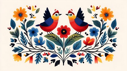 Fototapeta premium A Scandinavian folk art design with stylized birds, flowers, and leaves, arranged in a circular pattern, bold primary colors of red, blue, and green, intricate details with simple shapes,