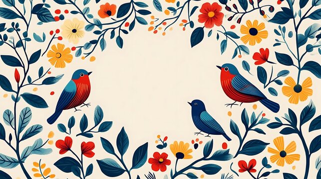 Fototapeta A Scandinavian folk art design with stylized birds, flowers, and leaves, arranged in a circular pattern, bold primary colors of red, blue, and green, intricate details with simple shapes,