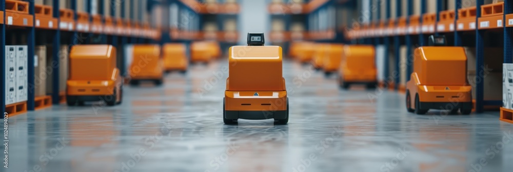 Poster robotic automation vehicles navigate a modern warehouse, enhancing efficiency and productivity in in