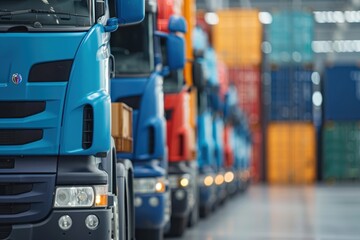 Naklejka premium Row of colorful freight trucks lined up in a logistics hub, with shipping containers in the background, showcasing transportation efficiency.
