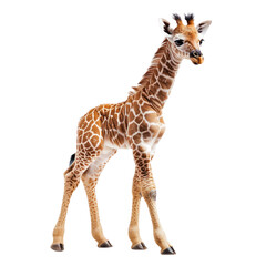 Obraz premium Newborn baby giraffe with long, spindly legs and distinctive spots, standing on shaky legs. isolated on transparency background