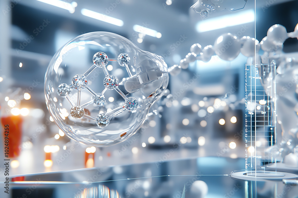 Poster abstract representation of molecular structure in a laboratory environment.