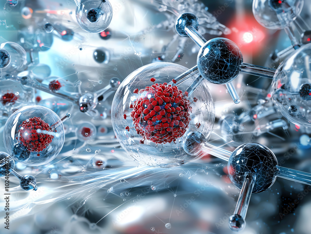 Poster abstract representation of molecular structures and interactions in clear detail.