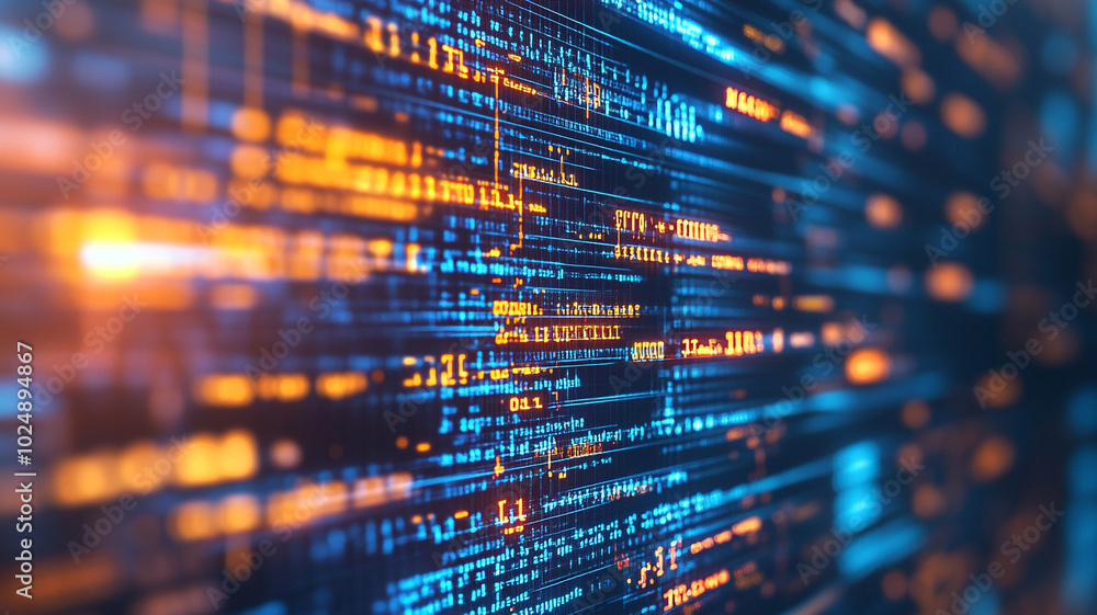 Poster abstract digital data stream with blue and orange lines flowing in a futuristic network environment
