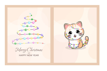 Cute cat wrapped in garland. The New Year tree consists of New Year balls. Merry Christmas and Happy New Year background, greeting card, poster, holiday cover.
