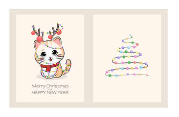 Cute cat wrapped in garland. The New Year tree consists of New Year balls. Merry Christmas and Happy New Year background, greeting card, poster, holiday cover.