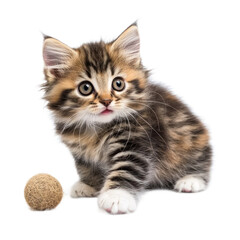 Obraz premium Playful kitten with a fluffy coat and curious eyes, interacting with a toy. isolated on transparency background