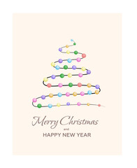 The New Year tree consists of New Year balls. Merry Christmas and Happy New Year background, greeting card, poster, holiday cover. Christmas template in modern minimalist style for web, social media