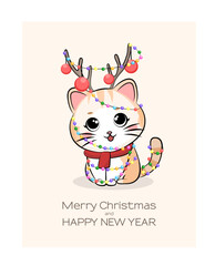 Cute cat wrapped in garland. Merry Christmas and Happy New Year background, greeting card, poster, holiday cover. Christmas template in modern minimalist style for web, social media, print
