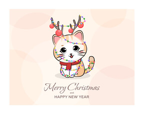 Cute cat wrapped in garland. Merry Christmas and Happy New Year background, greeting card, poster, holiday cover. Christmas template in modern minimalist style for web, social media, print