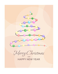 The New Year tree consists of New Year balls. Merry Christmas and Happy New Year background, greeting card, poster, holiday cover. Christmas template in modern minimalist style for web, social media