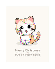 Cute cat wrapped in garland. Merry Christmas and Happy New Year background, greeting card, poster, holiday cover. Christmas template in modern minimalist style for web, social media, print