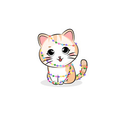 Cute cat wrapped in garland. Merry Christmas and Happy New Year background, greeting card, poster, holiday cover. Christmas template in modern minimalist style for web, social media, print