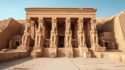 Obraz premium Ancient temple facade with large seated statues and hieroglyphs, iconic of Egyptian architecture, under a clear blue sky