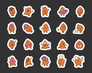 Cute almond character. Sticker Bookmark. Friendly cartoon nut. Vector drawing. Collection of design elements.