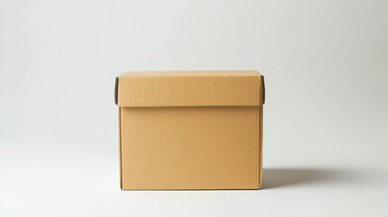 Simple cardboard box closed, isolated on a white background, ready for shipping.