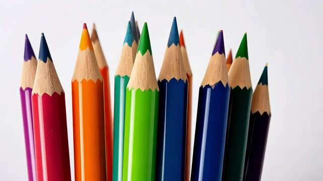 Several unsharpened colored pencils standing upright on a white background slowly rotate, changing their color arrangement