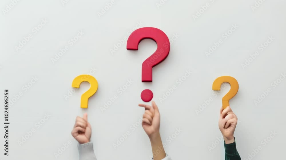 Poster hands holding question marks on white background, symbolizing teamwork in problem solving, uncertain