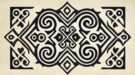 A symmetrical tribal pattern with interlocking spirals and diamond shapes, bold black lines against a soft pastel background, intricate detailing with smooth curves and sharp edges,