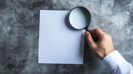 Magnifying glass held over a blank piece of paper, minimalistic and symbolic.