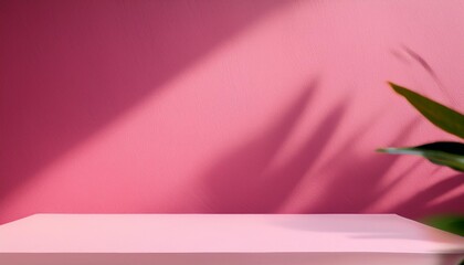 empty table on bright pink wall background composition with leaves shadow on the wall and pink table mock up for presentation branding products cosmetics food or jewelry