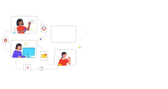 Team communication. Moving banner with office workers organizing remote workflow and managing projects. Online meeting or video conference with colleagues. Outline flat animated graphics