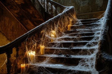 Spooky staircase covered in cobwebs with candles and spiders for Halloween decoration