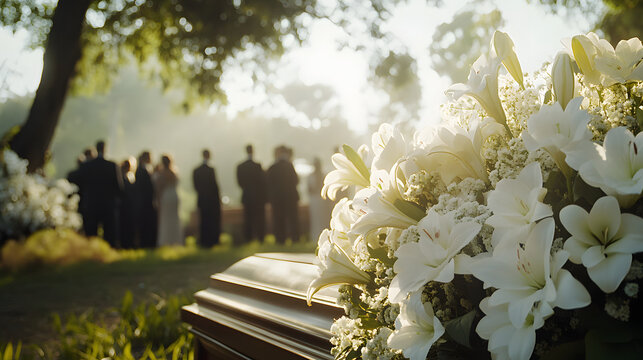 solemn funeral close-up wooden casket white flowers lilies carnations mourners formal attire outdoors respectful peaceful, reflective, dignified gathering burial bury