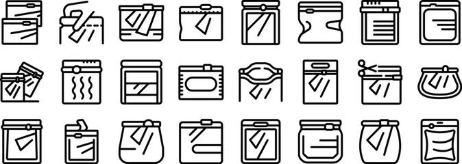 Zip bag icons set. Vacuum zipper bag icons set. Outline set of vacuum zipper bag vector icons for web design isolated on white background © ylivdesign