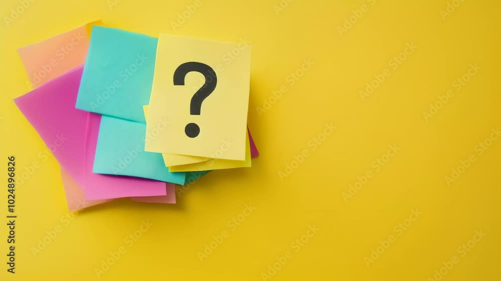 Poster Question mark is displayed on a yellow sticky note on top of a stack of colorful sticky notes on a bright yellow background
