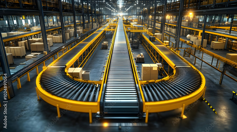 Aufkleber a modern warehouse with a conveyor system for efficient logistics.