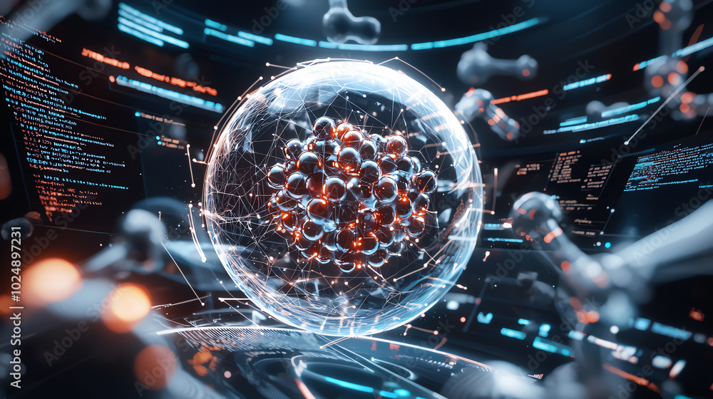 Poster futuristic atom representation with data visualization elements.