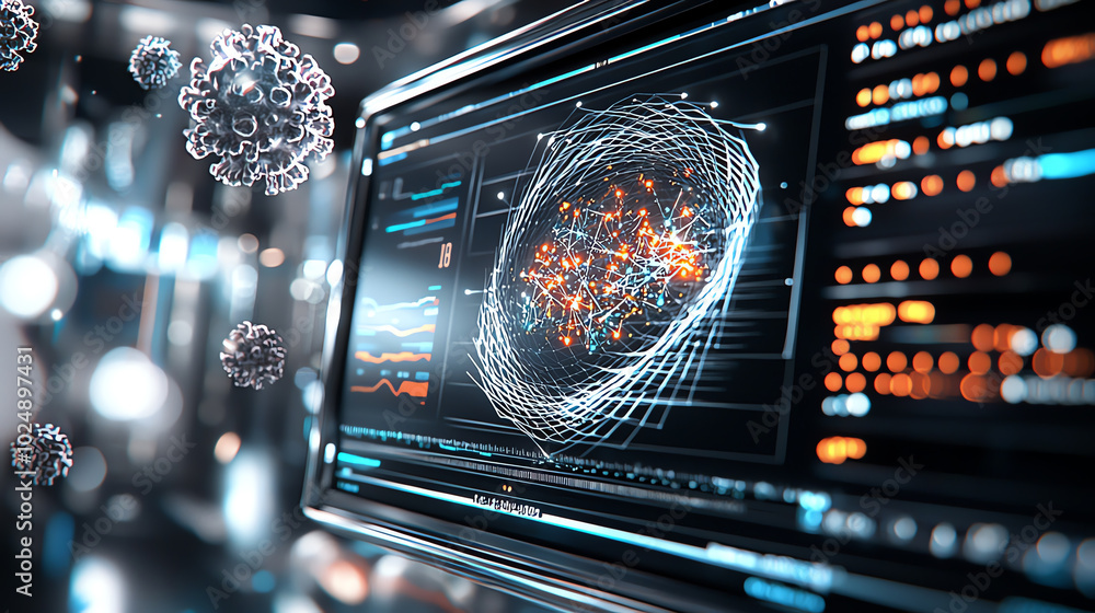 Poster futuristic data visualization on a digital screen with network connections.
