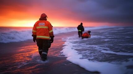 Rescue team walking along the beach during a dramatic sunset, ocean waves crashing.