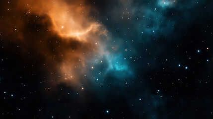 Fototapeta premium Abstract space scene featuring a vibrant interstellar nebula with swirling orange and blue clouds of gas and dust, surrounded by scattered stars in a dark universe backdrop.
