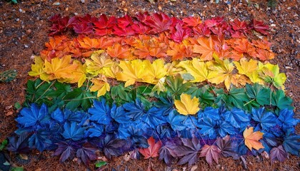 Obraz premium Nature's LGBTQ Pride. Vibrant Autumn Leaves Forming a Rainbow Spectrum in the Shape of the LGBTQ Flag for Inclusivity and Seasonal Transition Concepts