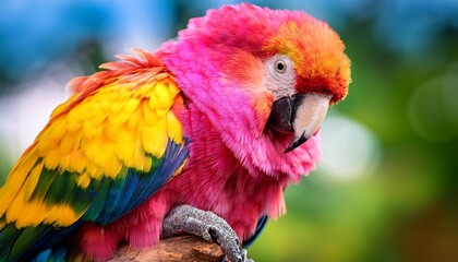Obraz premium vibrant pixel art parrot bright pink yellow and orange feathers on branch