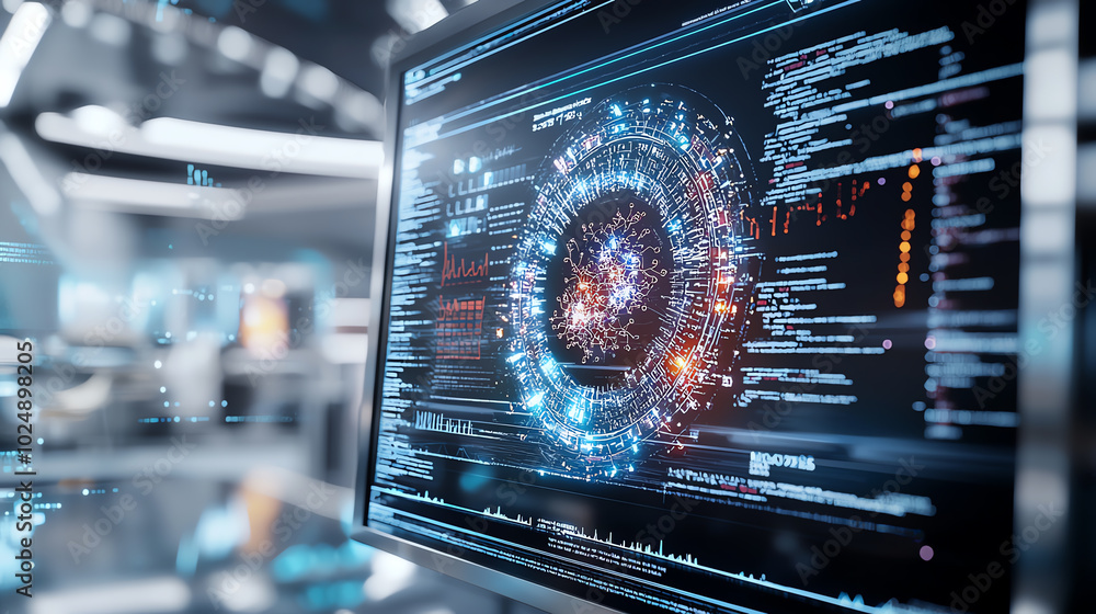 Aufkleber futuristic screen displaying digital data and advanced analytics in a modern workspace.