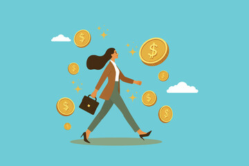 smart businesswoman walking among the rain of gold coins