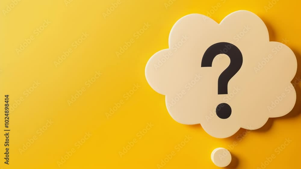 Poster 3d thought bubble with a question mark floats on a yellow background, perfect for brainstorming, lea